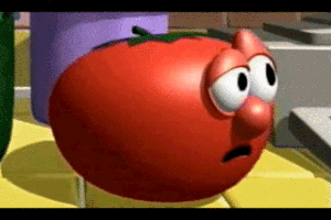 Cartoon gif. Conflicted, the tomato from Veggie Tales turns, goes into deep thought.
