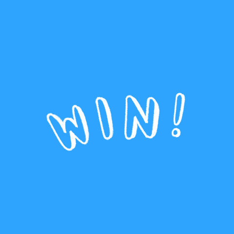 Text gif. White bubble letters closely followed by a royal blue dodecagram, jump out of a celadon background, aided by action marks. Text, "Win!"