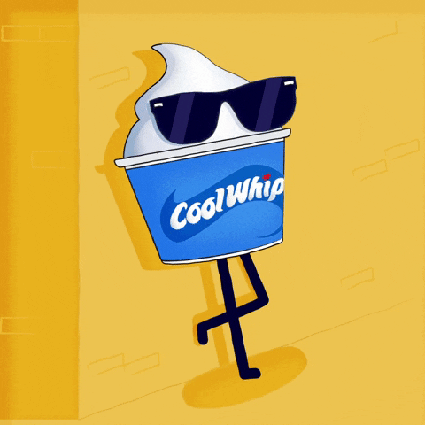 Ad gif. A Cool Whip character with sunglasses on is leaning against a wall with one foot up and are tapping their foot on the wall. They look over to us and say, "Sup."