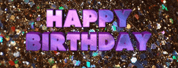 Text gif. A colorful background of sparkling glitter, with swaying pink block-letter text, "Happy Birthday."