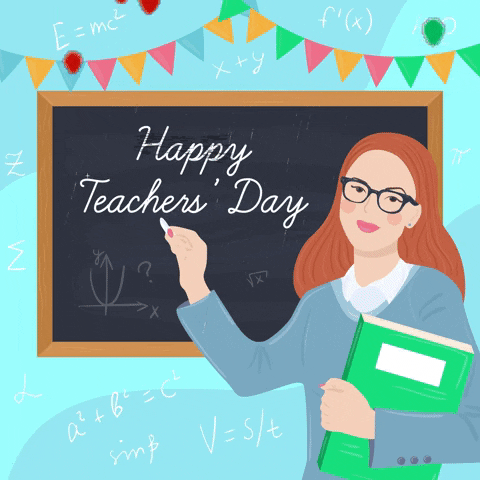 Pohyblivá animace s učitelkou s brýlemi před tabulí na níž je napsáno "Happy teacher´s day". 