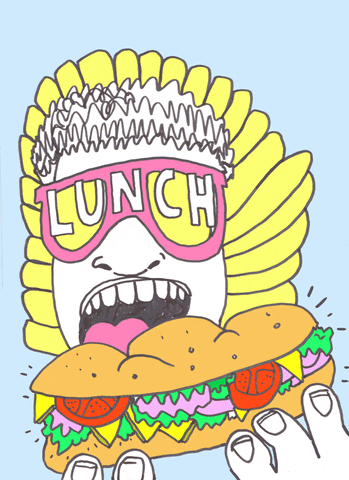 Cartoon gif. A crudely-sketched man, wearing sunglasses with flashing multicolored text that says "Lunch" across them, opens his mouth to eat a hoagie.