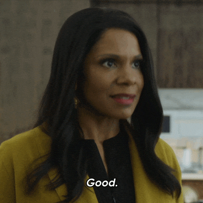 TV gif. Audra McDonald as Liz Reddick from The Good Fight nods to right of frame, speaking with uncomfortable politeness. When she turns away, she looks unamused. Text, "Good."