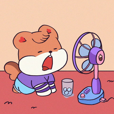 Kawaii gif. A shiba inu dog dressed in a cute outfit sits in front of a high-speed fan with a glass of ice water and pants. 