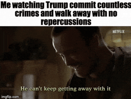 Meme gif. Aaron Paul as Jesse Pinkman in "Breaking Bad" screams, "He can't keep getting away with it," his veins popping out of his neck in anger. Text, "Me watching Trump commit countless crimes and walk away with no repercussions."