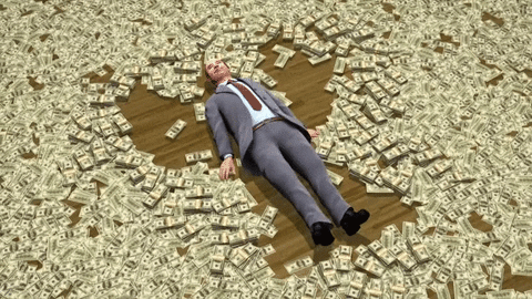 Cartoon gif. A man in a business suit lies on a floor covered in money. He waves his arms and legs away from his body making snow angels in the cash money.