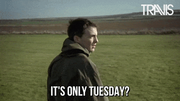 Celebrity gif. Standing with his back to us in a grassy field, Fran Healy slowly turns around, squinting. Text, "It's only Tuesday?"