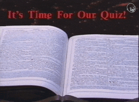 Video gif. Vintage footage. A black screen says "how did we get here?" and the next shot shows an open book. Text above the book reads "It's time for our quiz!"
