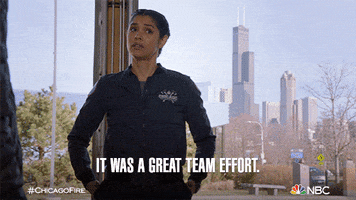 TV gif. Miranda Rae Mayo as Stella in Chicago Fire. She is in her firefighter suit and has her hands in her pocket while she addresses the team and says empathetically, "It was a great team effort."