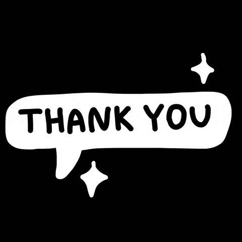 Text gif. White speech bubble with white sparkles around it, and flashing text inside. Text, “Thank you.”