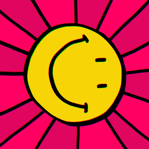 Cartoon gif. A smiling sun rotates on a flashing, multicolored background.