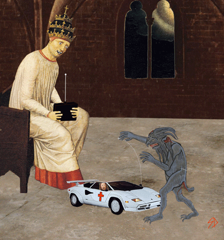 Digital art gif. Altered, animated Renaissance painting of a man in an ornate crown sitting in a chair and laughing, holding a large remote controller while a small white sports car repeatedly rams into the ankles of a short gray demon.