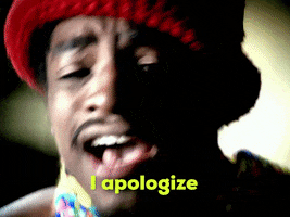 Music video gif. Andre 3000 bobs his head and shoulders saying the words "I apologize," from the music video for the song "Ms. Jackson" by OutKast.