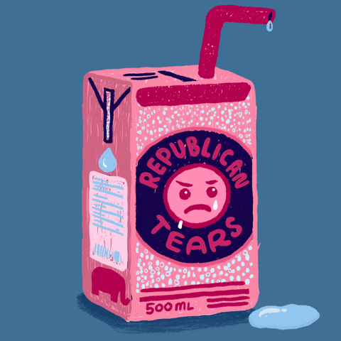 Digital art gif. Animation of a pink juice box with liquid dripping from the straw against a dull blue background. The juice box has a drawing of a sad face on it and is labeled "Republican tears."