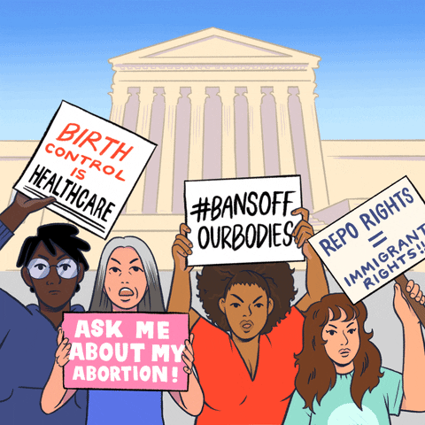 Digital art gif. Diverse group of angry women wave signs in front of the Capitol Building. The signs read, “Birth control is healthcare,” “Ask me about my abortion,” “hashtag Bansoffourbodies,” and “Repo rights equal immigrant rights.”
