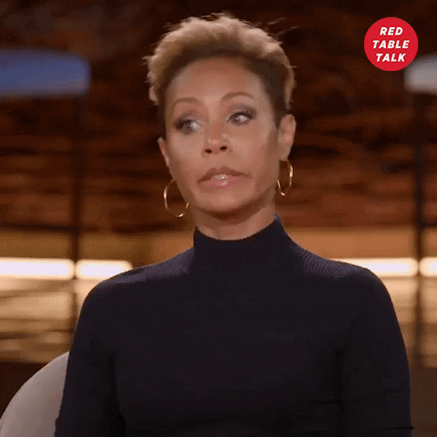 TV gif. Jada Pinkett Smith points at someone on the other side of the table with emphasis, her eyes widening. She mouths the word that appears as text, "That part."