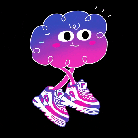Illustrated gif. A colorful cloud runs happily in a pair of large sneakers, sweating.