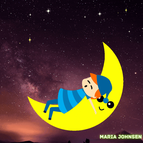 Digital compilation gif. Sleeping cartoon boy on a smiling crescent moon that rocks back and forth below glowing green text that says, "Good night" against a picture of a night sky just after sunset. 