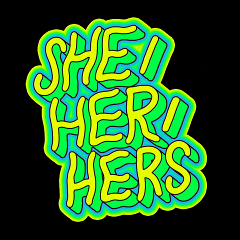 Text gif. Neon yellow, green, and blue, graffiti-inspired handwriting font glows and jiggles, reading "She/her/hers."