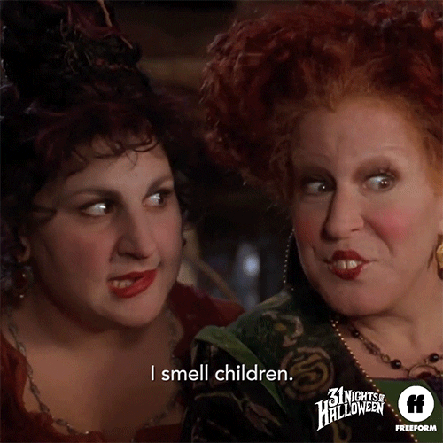 Movie gif. A hungry Kathy Najimy as Mary Sanderson from Hocus Pocus tells Bette Midler as Winifred Sanderson that their dinner may not be far away. Text, "I smell children."