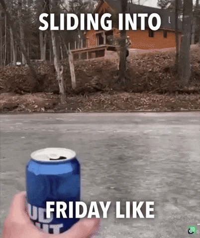 Video gif. A man swings toward a frozen lake on a rope swing and slides across the ice to a friend holding out an open beer. Text, "Sliding into Friday like..."
