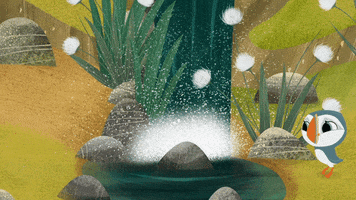 #puffin #rock #puffinrock #oona #hop #waterfall #pond GIF by Puffin Rock
