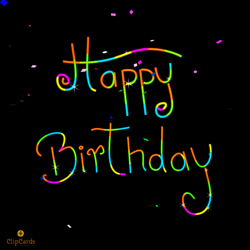 Text gif. Colorful confetti falls past shifting rainbow text on a black background. Text, "Happy Birthday."