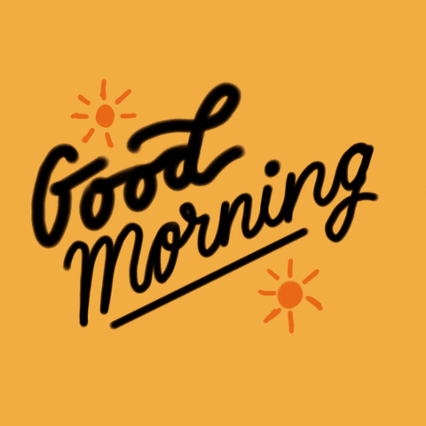 Text gif. Against a sunflower yellow background, the words "good morning" flash in gold, pink and blue, with two cartoon suns on top and bottom of the words.