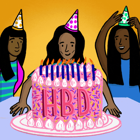 Illustrated gif. Three long-haired women stand around a table wearing party hats, in front of a huge pink sprinkled cake with blue candles. The middle woman blows out the candles. Text on the cake reads, "HBD."