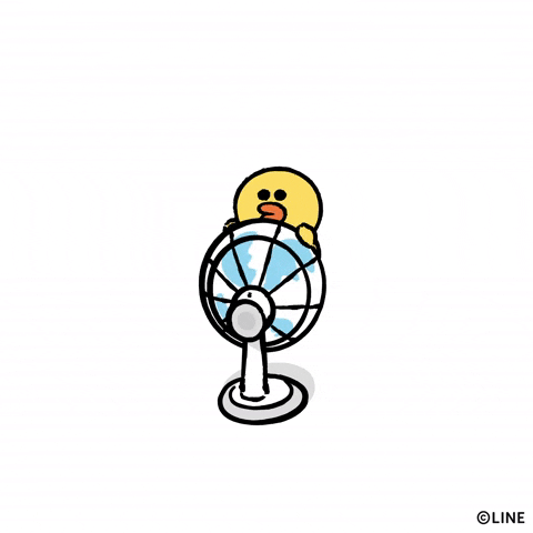 Cartoon gif. A duckling clings to the outer cage of a rotating fan.