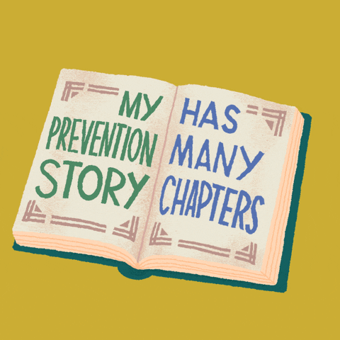 Digital art gif. Animation of a book with flipping pages. On each left page, text reads, "My prevention story," and each right page reads, "Has many chapters," all against a yellow background.