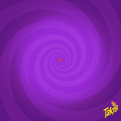 Ad gif. Takis that spell out OMG swipe onscreen before a fireball erupts and blows away on a pinwheeling purple background.