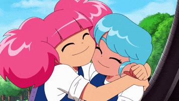 Cartoon gif. In a scene from High Guardian Spice, Rosemary rubs her cheek against Sage's as they share a cheerful hug.