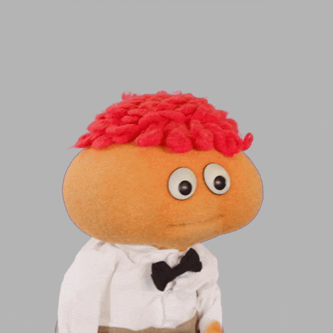 Video gif. Little puppet boy with red curly and a black bowtie. The puppet sighs and lowers his head, shaking it in defeat. Text, “(sigh).”