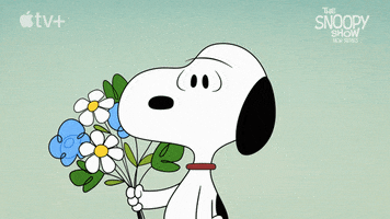 Peanuts gif. Snoopy the dog holds a bouquet of flowers and blinks in confusion. 