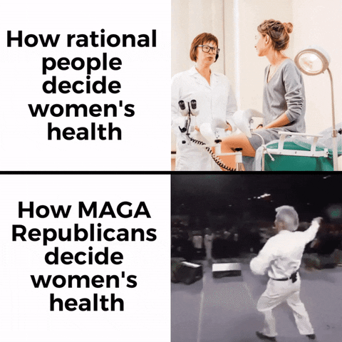 Video gif. Splitscreen. At the top, a woman speaks with her female doctor in a clinic next to the caption, “How rational people decide women’s health.” At the bottom, an evangelical pastor shoves a woman down to the ground and celebrates next to the caption, “How MAGA Republicans decide women’s health.”