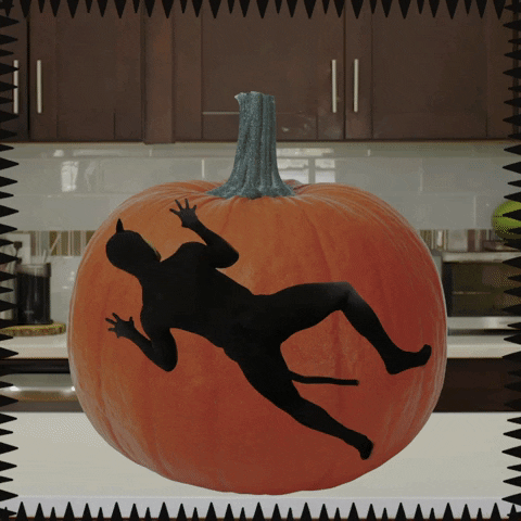 Digital art gif. James Koroni dressed as a black cat clinging to a giant pumpkin on a kitchen countertop. He turns to face us and says, “Hey pumpkin!” wiggling his eyebrows suggestively.