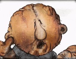 Cartoon gif. A character that seems to be made out of bread fluctuates and moves around like he's aging or morphing. The character has small eyes without pupils and a big nose shaped like a gourd. The image dissolves to show the title, "The Mill."