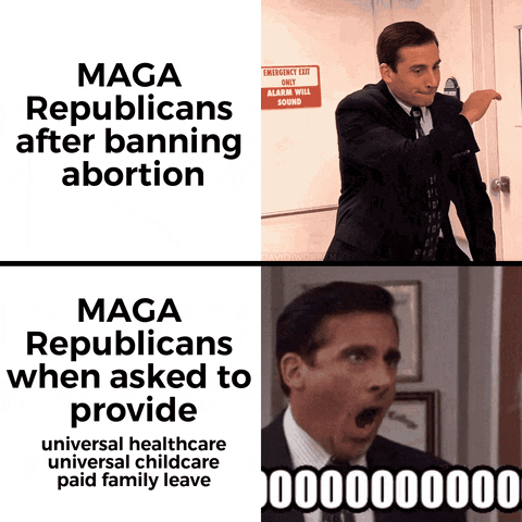 The Office gif. Splitscreen. At the top, Steve Carrell as Michael reacts happily to something exciting along with the caption, “MAGA Republicans after banning abortion. At the bottom, Michael reacts to bad news, yelling, “No, No, No, No, Nooooooooooo!” next to the caption, “MAGA Republicans when asked to provide universal healthcare, universal childcare, and paid family leave.” 
