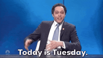 SNL gif. Pete Davidson as Andrew Cuomo gestures with his hands to the side and says, "Today is Tuesday."