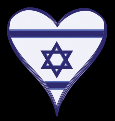Digital art gif. A heart made up of the Israeli flag wiggles on a black background. 