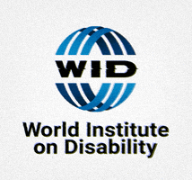 Digital art gif. World Institute On Disability logo, blue bridges forming an abstract globe containing the letters W I D, against a white background, with cycling film grain and sporadic TV static interruptions lines.