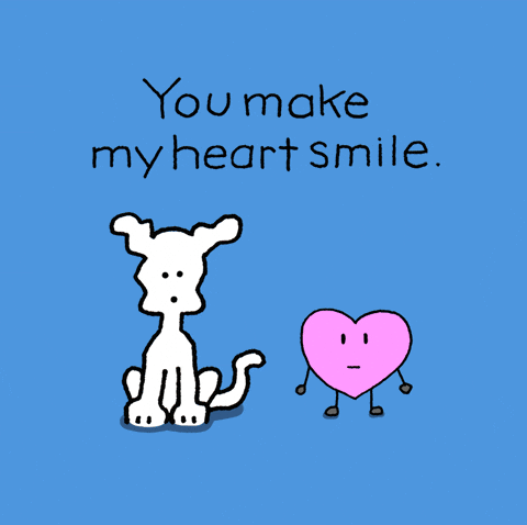 Illustrated gif. Chippy the Dog is sitting next to a heart. It points to the heart and it grins and the text reads, "You make my heart smile."