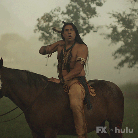 TV gif. Dallas Goldtooth as Spirit William Knifeman from Reservation Dogs sits atop a horse and asks "What are you gonna fight for?" 