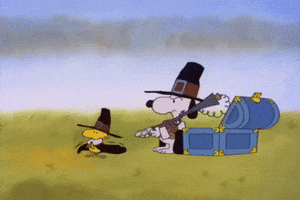 Peanuts gif. Snoopy and Woodstock wear tall black pilgrims hats. Snoopy holds an old rifle over his shoulder as they march away from an open blue chest. 
