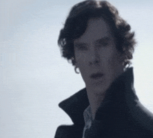 Photo gif. Benedict Cumberbatch as Sherlock looks over at us with an expression of surprise, with his mouth half-open. The image zooms in and text pops up, "Dafuq?"