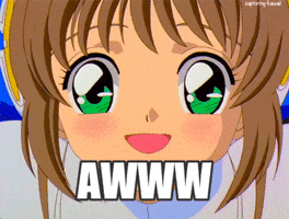 Anime gif. Showing only her face, an infatuated girl with green watering eyes says, “Awww.”