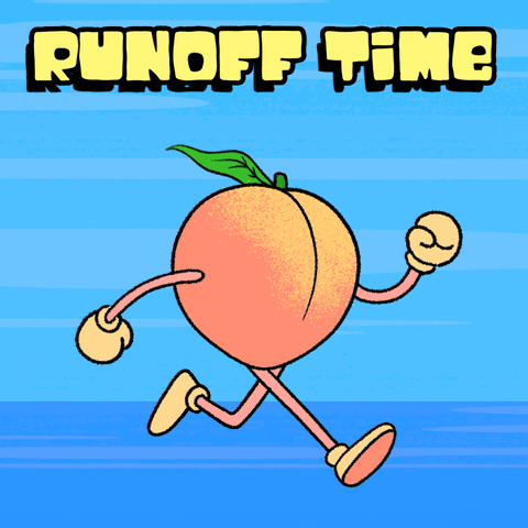 Illustrated gif. A peach with arms and legs runs with purpose, the sky blue background streaky, implying speed. Text, "Runoff time!"