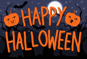 Illustrated gif. Graveyard at night with bats in the sky and a full moon. Two pumpkins sit next to the text, one with a cheeky smile and one with an excited wide smile. Text, “Happy Halloween.”