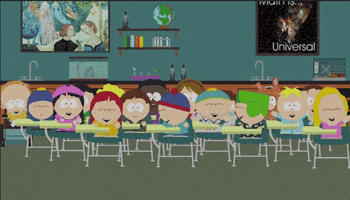 South Park gif. The cast of South Park are sitting inside a classroom and everyone is laughing and dancing happily in their pajamas.